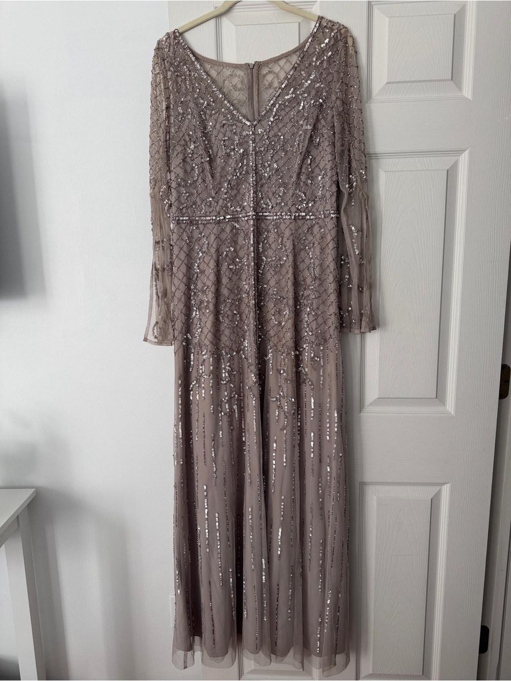 Adrianna Papell Taupe Beaded Long Sleeve Evening Gown